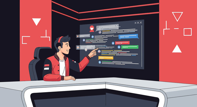 Cartoon gamer immersed in a digital world interacting with online community chatroom