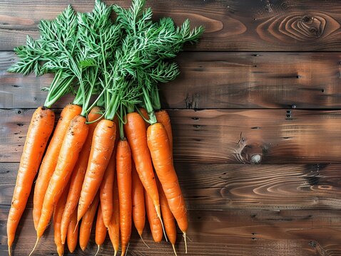 A bunch of fresh carrots on a wooden table top