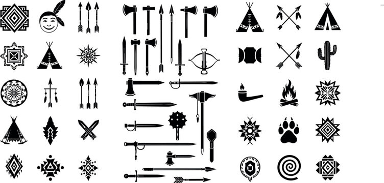 Collection of Native American Symbols and Tools, Axes, Bows, Arrows, and Decorative Tribal Art for Cultural Designs