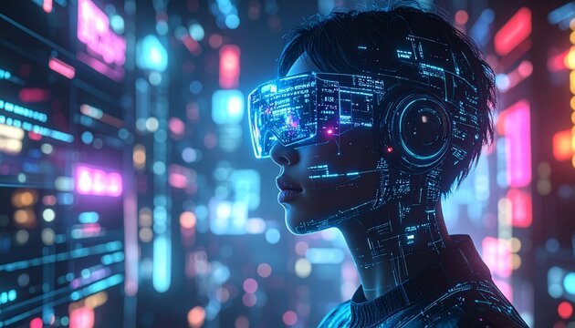 Futuristic woman immersed in virtual reality with neon city backdrop.