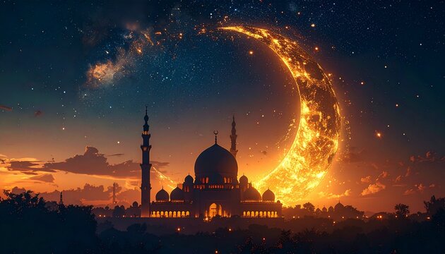 Majestic Mosque Silhouette Under a Crescent Moon of Stars.