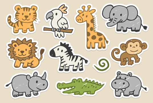 Set of cute colorful safari animal stickers in crayon drawing style. jungle creatures icons with white border.
