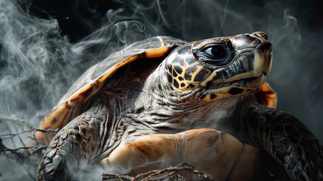 Sea Turtle's Smoky Aura: A close-up portrait of a majestic sea turtle emerges from an artistic smoky backdrop, its wise eyes peering out with an aura of mystery.