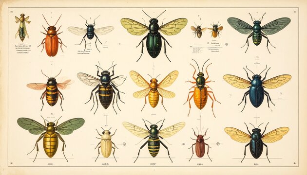 Vintage Insect Illustration - A Detailed Study of Various Insect Species.