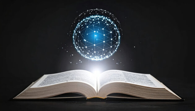 An open book with a glowing orb of interconnected dots above it, symbolizing knowledge and the digital world