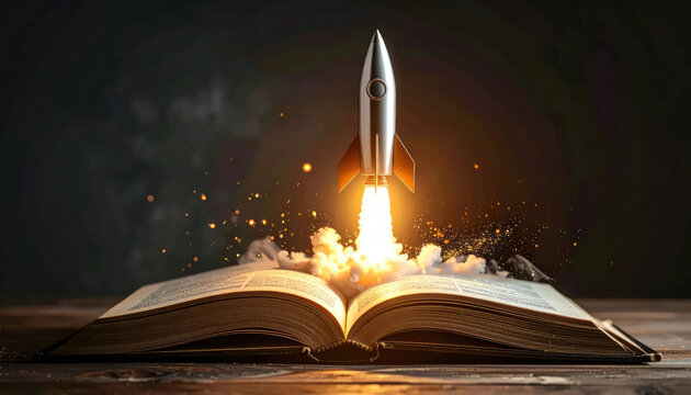 A rocket launches from an open book, symbolizing ideas and growth. The scene represents the power of knowledge and imagination