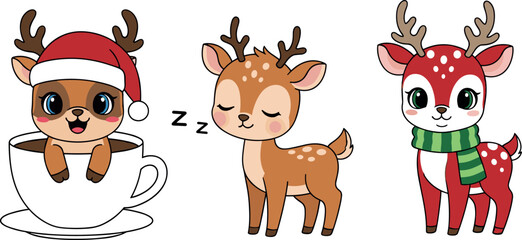 Obraz premium Cute Christmas reindeer characters collection with winter accessories, cartoon deer animals in festive style vector illustration set
