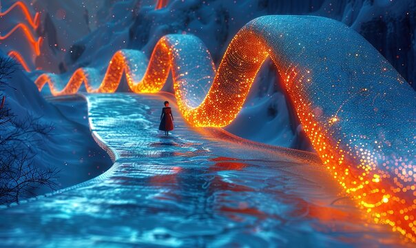 A person walks along a snowy path with glowing orange lava flowing through it