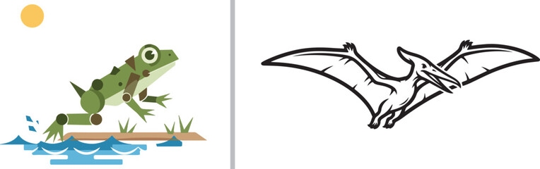 Vector illustration set featuring a geometric flat design frog jumping into water and a line art pterodactyl in flight © Muhammad