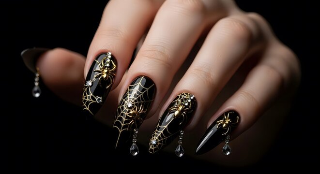 Creepy black coffin nails with spider web, spider, and crystal drop decorations.