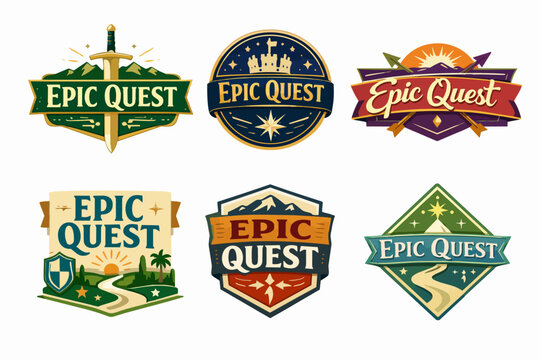 Various fantasy adventure badges and labels, epic quest gaming concept with swords, castles, and mountains