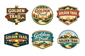 Naklejka premium Golden trail badges set, vintage outdoor adventure emblems with mountains, trees, sun, and winding paths