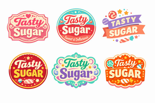 Tasty sugar labels and candy shop insignias illustrating confectionery branding, dessert emblems, and sweet logos