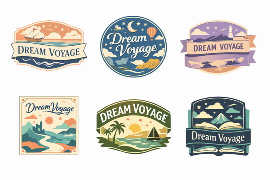 Collection of vintage style travel badges featuring landscapes, seascapes, and iconic elements with dream voyage text