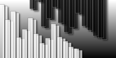 Obraz premium Abstract Digital Sound Waveform Graphic Design with Gradient Bars on Black Background. An abstract representation of data visualization with varying white rectangular bars casting strong shadows, 