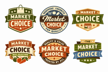 Fototapeta premium Vintage market choice labels collection with retro grocery emblems, organic food signs, and shop icons for branding design