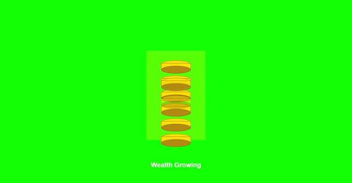 stacking coin tower green background, Golden coins stack upward forming glowing tower base with dynamic motion over vivid green background, wealth growing 
