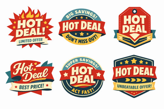 Hot deal labels and retro style promotion badges collection, offering big savings and unbeatable limited offers