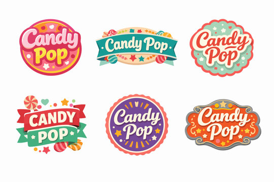 Candy pop logo set for confectionery branding, badges, and sweet shop packaging design, vintage style labels