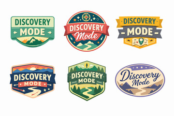 Obraz premium Set of six vintage-style logo badges for travel and outdoor activities. Featuring natural landscapes and exploration themes