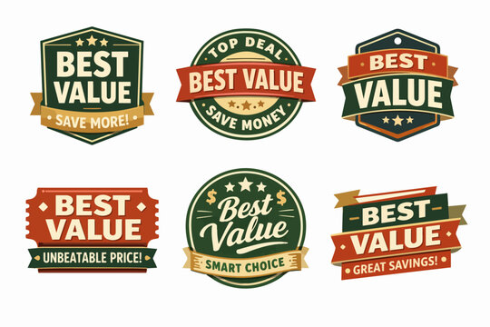 Collection of retro best value badges for promotions, sales, and discounts, emphasizing unbeatable prices and smart choices