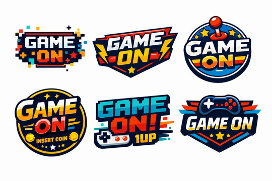 Game on gaming labels collection featuring colorful retro pixel art, arcade joysticks, and modern game controllers