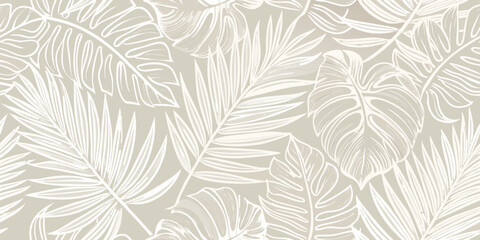 Elegant tropical monstera and palm leaf pattern on a beige background © Debashis