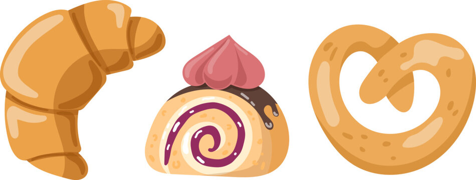 Fresh morning bakery set. Vector illustration of croissant, pretzel and sweet roll with jam. Traditional pastry isolated on white