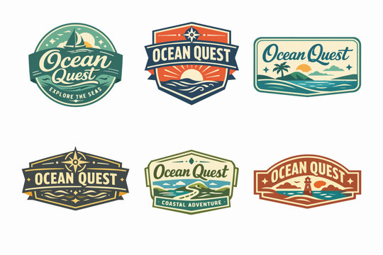 Ocean quest vintage style badges and emblems collection for maritime adventure travel, sailing, and exploration concepts