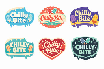 Fototapeta premium Chilly bite brand logo collection for frozen treats, offering various colorful ice cream stick labels and stickers