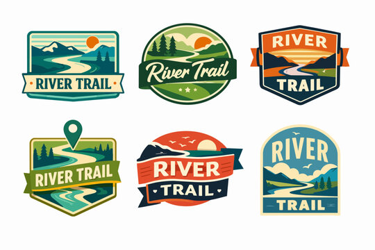 Collection of river trail badges and logos, illustrating outdoor adventure, nature exploration, and scenic landscapes