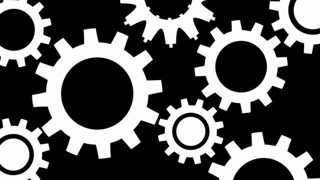 Interconnected White Gears Rotating on Black Background