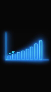 Neon blue bar graph with increasing height on a animated black background glowing chart
