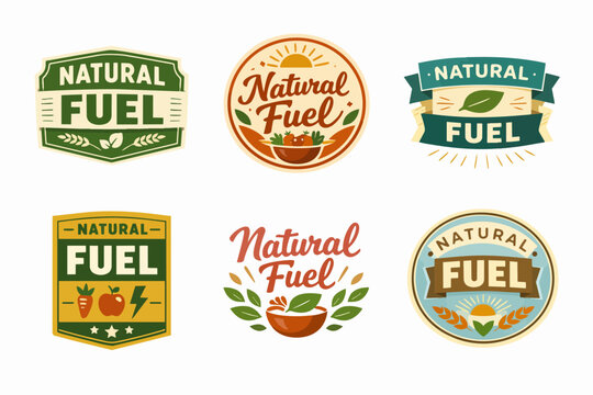 Collection of natural fuel badges and emblems, showcasing healthy food, organic produce, and sustainable energy for wellness branding