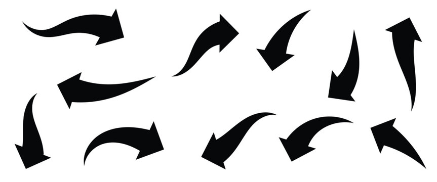 Thin long curved arrow set on white background. Black color vector curved arrow sign used in mapping software and road signs.