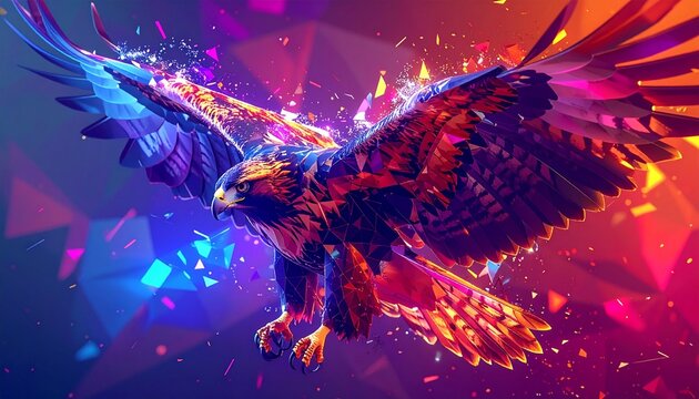 カラフルポリゴンタカ羽ばたき躍動抽象アート