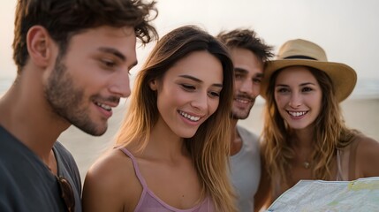 Obraz premium Friends sharing laughter and mapping out their next adventure on the beautiful beach at sunset