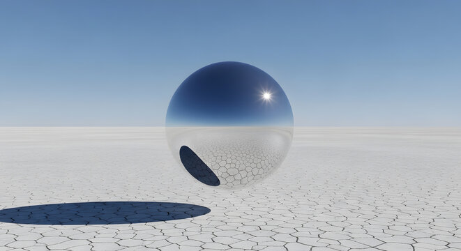 A reflective sphere with a dark indentation floats above a vast, cracked white desert under a clear blue sky, casting a long shadow.