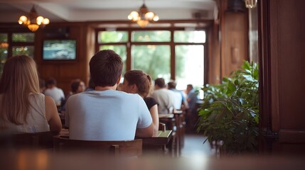 Fototapeta premium People gathered in a warmly lit cafu00e9 setting enjoying conversation and the relaxed atmosphere of daytime socializing