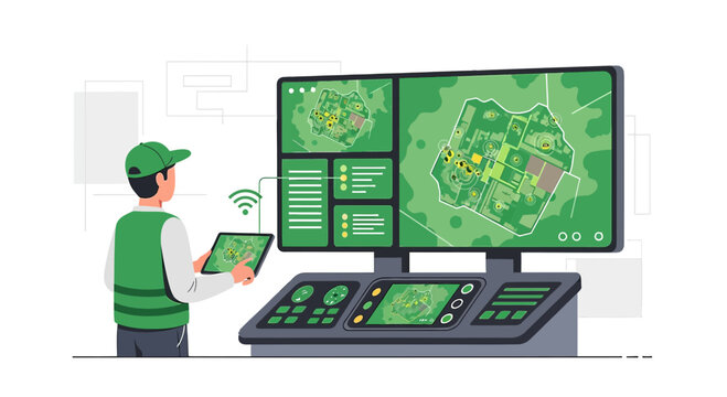 Comprehensive security system with operator monitoring maps and remote device on an interface
