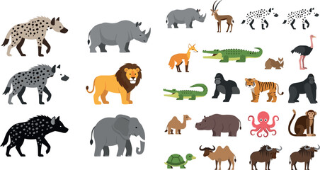 Obraz premium Collection of wild animals vector illustrations including lion elephant rhino crocodile fox gorilla tiger and safari wildlife set isolated