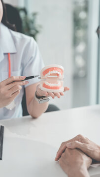 The patient is discussing their dental treatment plan at the dental clinic. During the discussion about dental treatment, the dentist and patient are conversing with a model on the table.