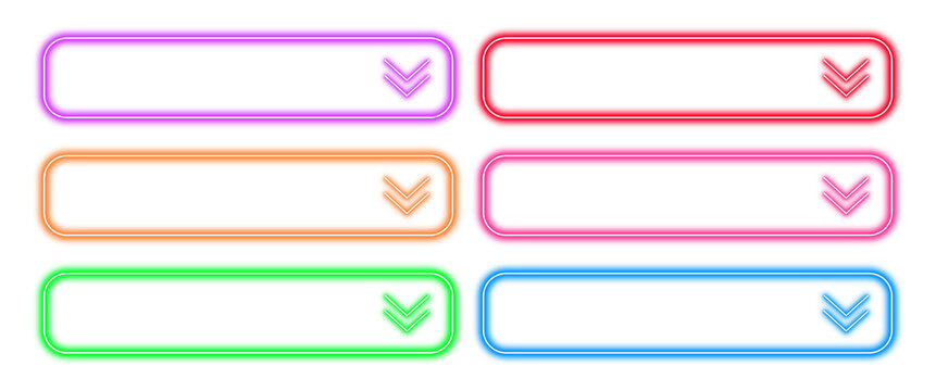Multicolored Neon Dropdown Menu Frames with Arrow Icons, Set of Glowing Search Bar Borders for Web UI Design, Cyberpunk Tech Elements