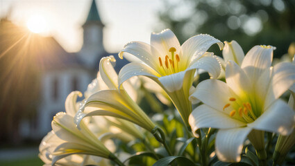 Fototapeta premium Beautiful white spring flowers bloom in the garden as a macro closeup shows the delicate petals and yellow buds of this floral nature plant Easter Sunday