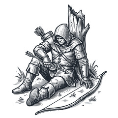 Obraz premium Vector illustration of a weary medieval archer in hooded armor resting against a tree stump with bow and arrows on the ground. Fantasy ranger character art.