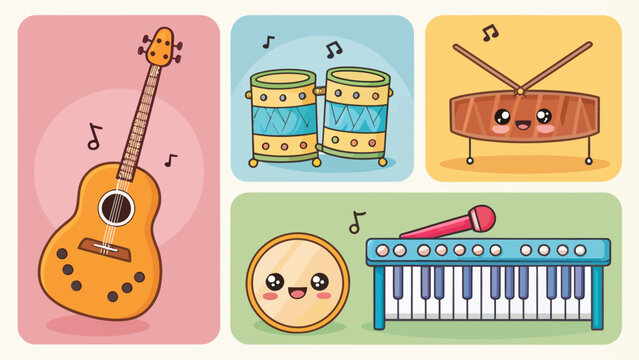 Cute cartoon music learning icons set with guitar drums cymbals piano and microphone for kids education
