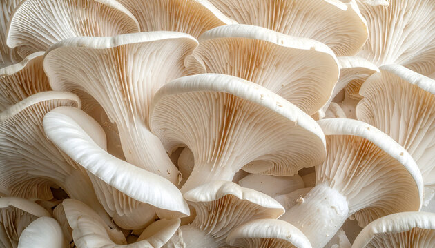 Macro photograph of fresh oyster mushrooms displaying their delicate gills and unique texture captured in bright diffused light for a culinary or botanical study