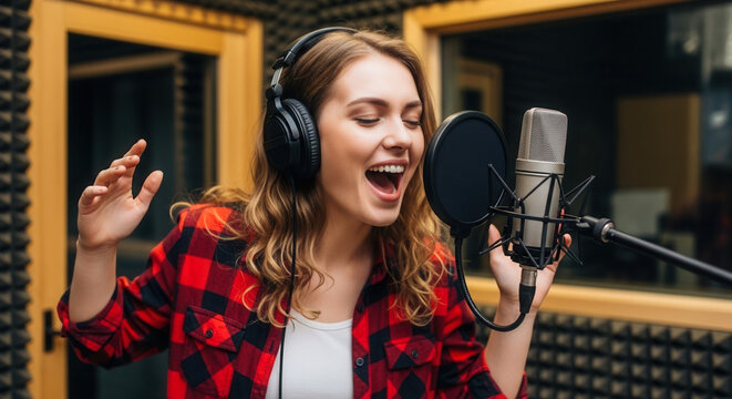 Young Caucasian woman singing energetically into microphone in soundproof booth, music production and recording studio performance