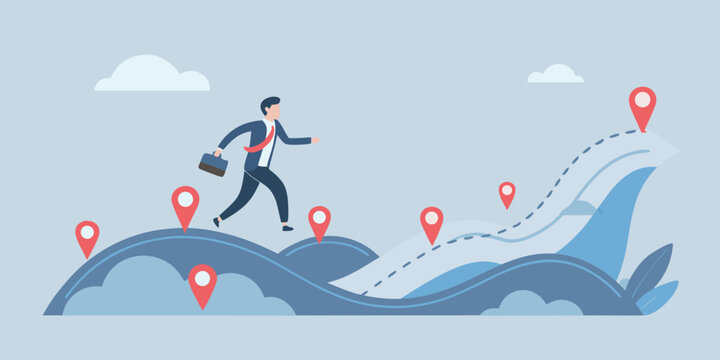 Businessman walking along a winding path with location markers