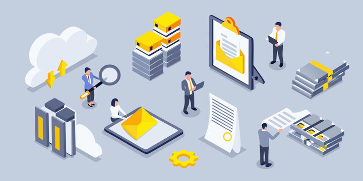 Isometric illustration depicting digital data management and cloud computing concepts